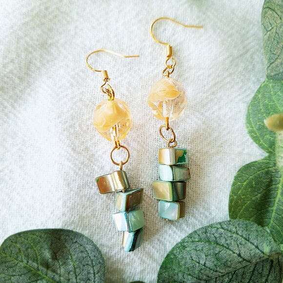 Handmade Mother of Pearl Earrings – Boho Chic Gold Dangle, Coastal Cowgirl - Picture 4 of 7